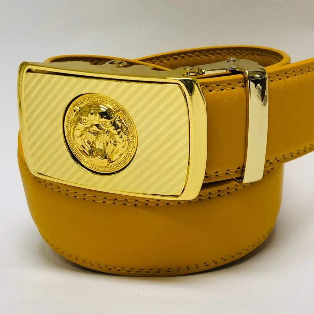 Mustard Yellow Belt Women Men Gold Automatic Buckle Slide Belt Leather Jeans New